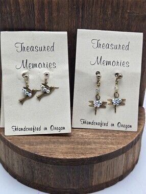 NWT Lot of 2 Treasured Memories AB Crystal Earrings Pierced Hummingbird Dragon
